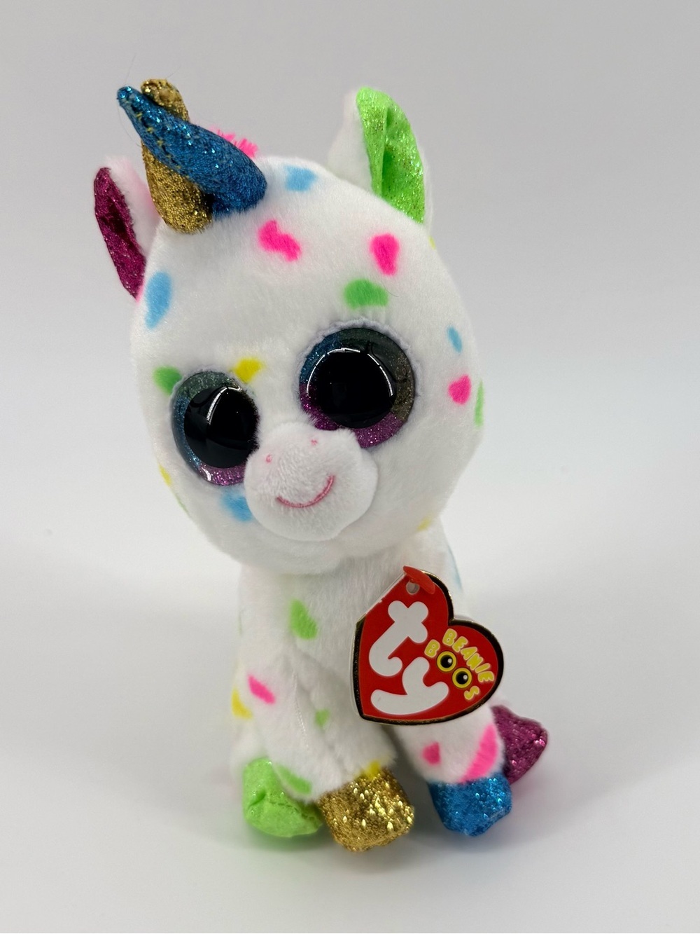 Ty Beanie Boo Harmonie Multicolor Unicorn Plush - White with Rainbow Spots